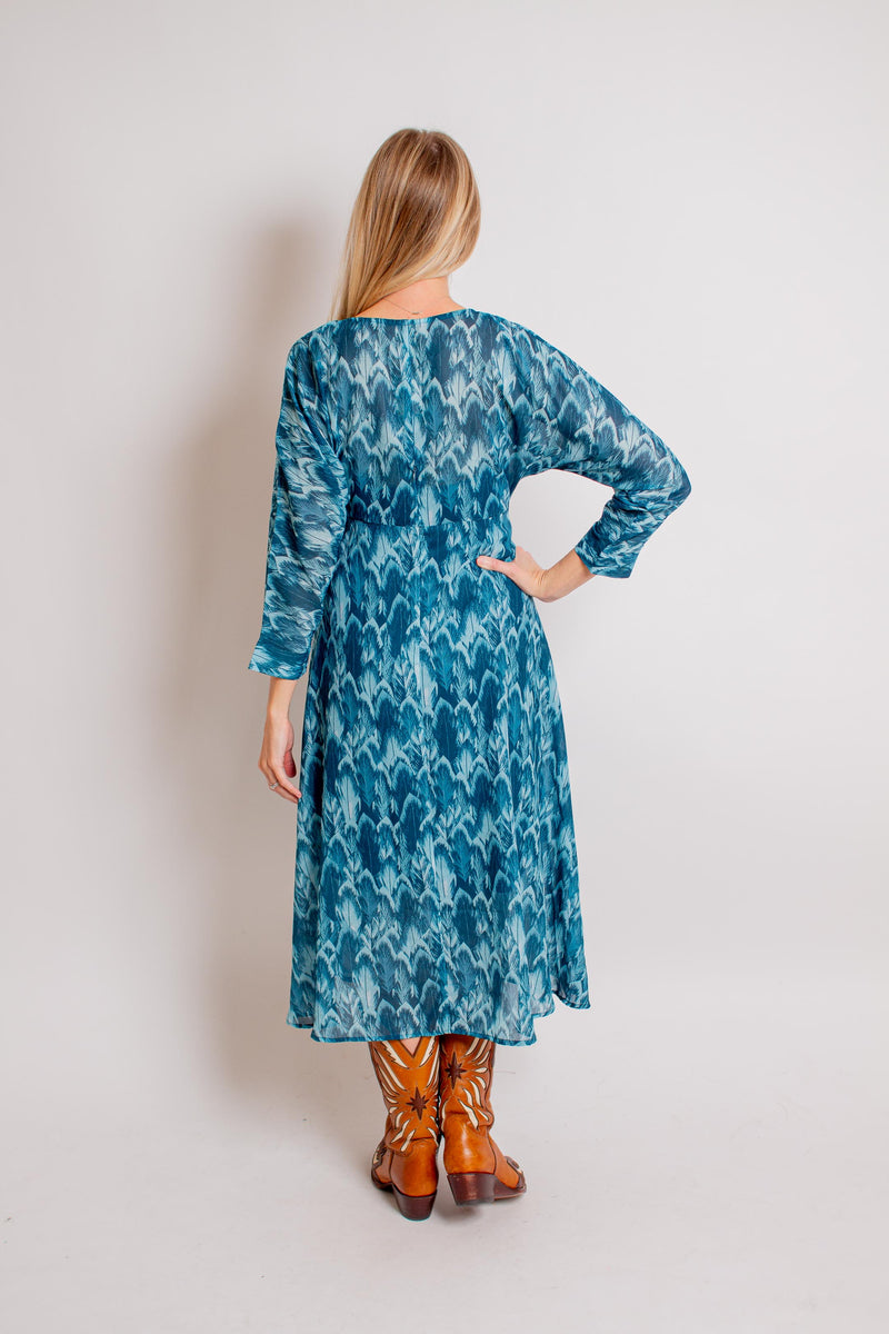 Teal Feather Print Dress  Cynthia Elliot Boutique