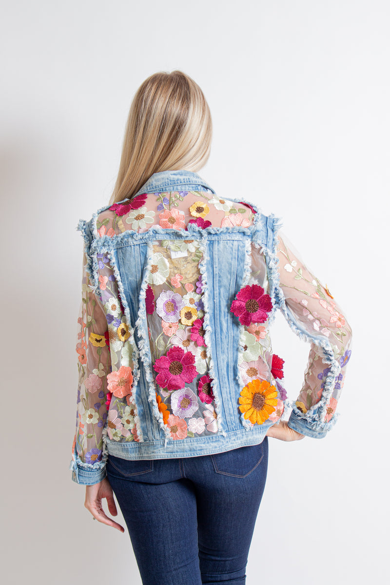 Floral Embroidered Mesh Denim Jacket - Main Image