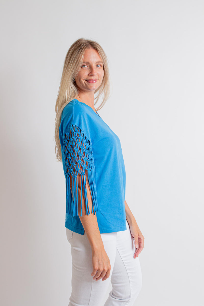 トップス acka fringe american sleeve tops Blue Fringe Sleeve Top – Cynthia Elliot Boutique