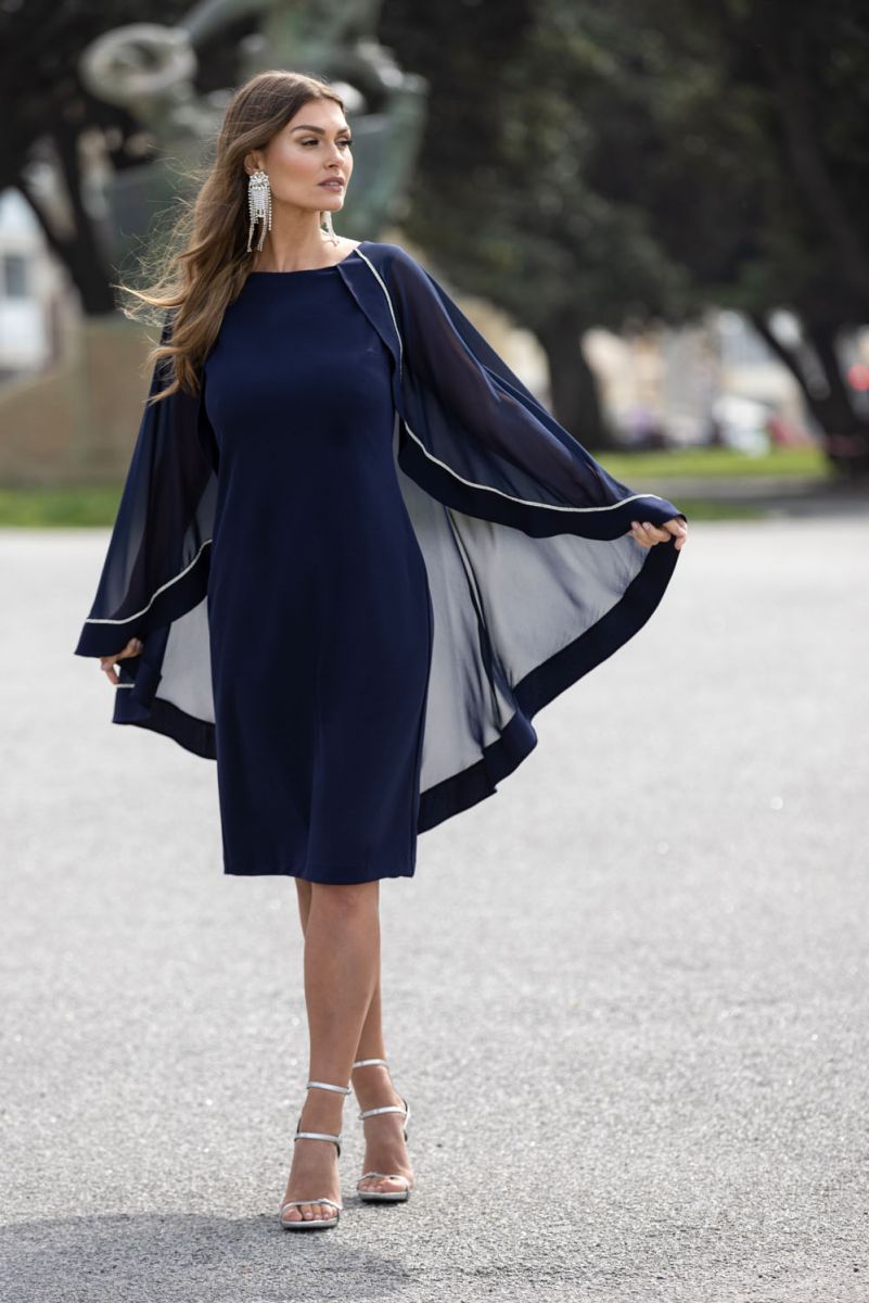 frank lyman navy blue dress DRESS WITH CAPE AND RHINESTONE 239150 MIDNIGHT / 12