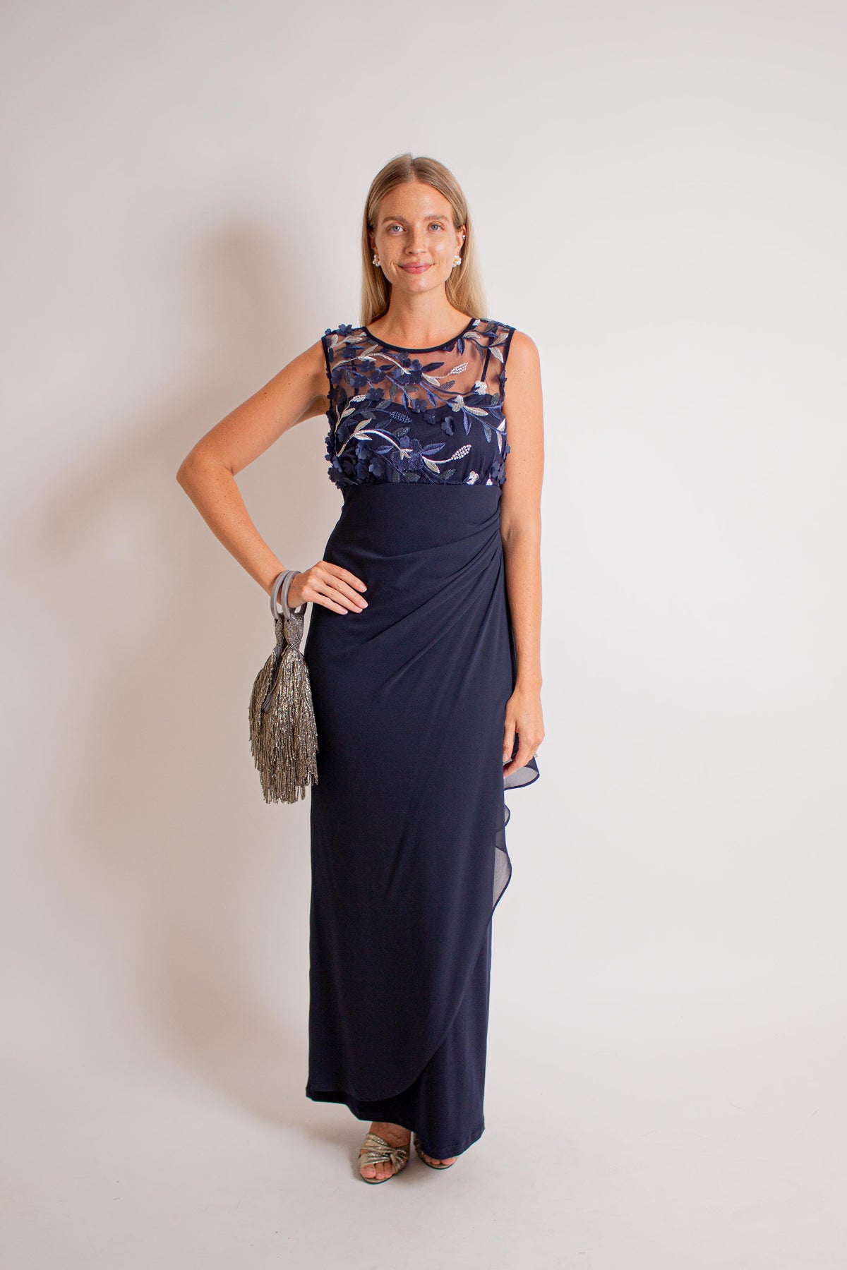 navy and silver maxi dress Miss Circle Women Ramona Navy Sequin Strapless High Slit Maxi Dress