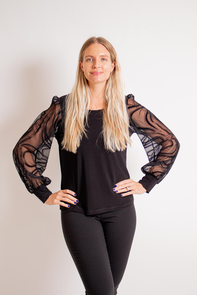 MEER.　CREAM PUFF TOP /BLK Black Top with Mesh Puff Sleeves – Cynthia Elliot Boutique