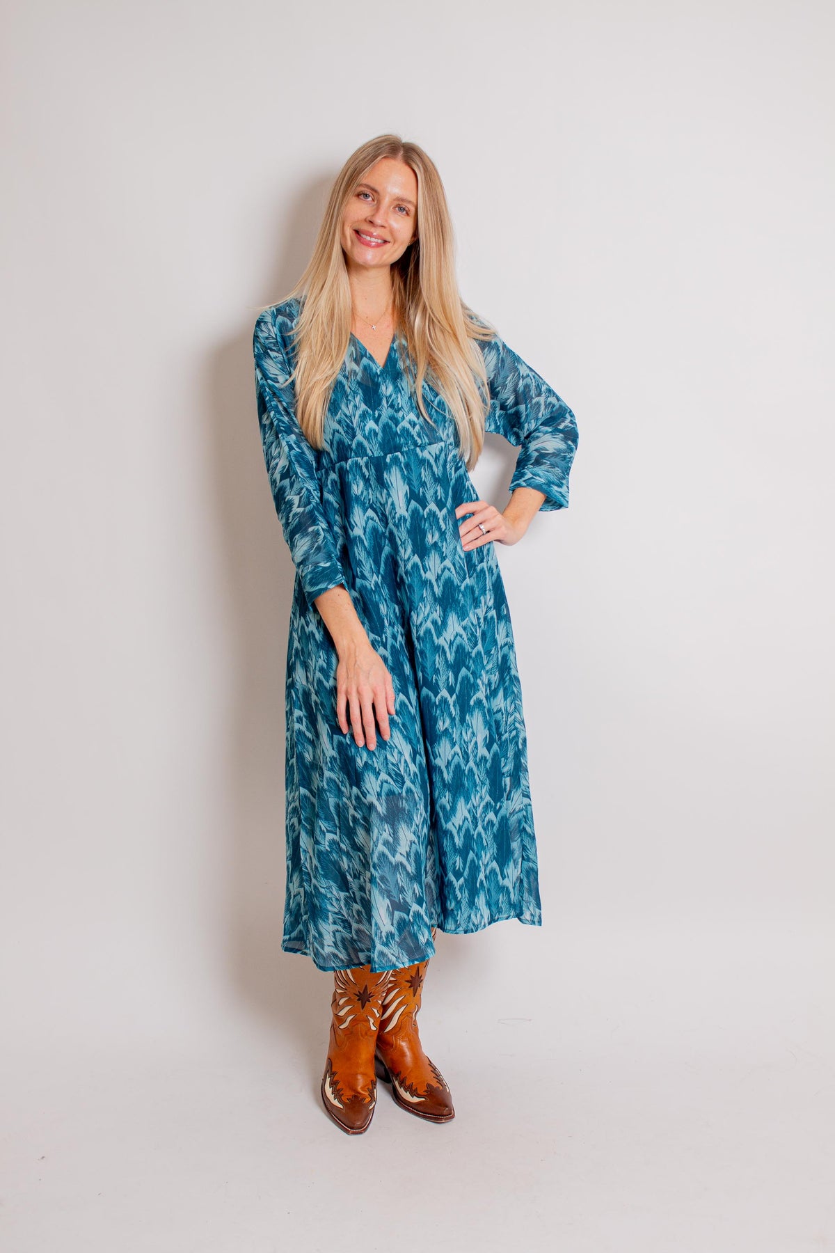 Teal Feather Print Dress Cynthia Elliot Boutique Teal Feather Print Dress Cynthia Elliot Boutique