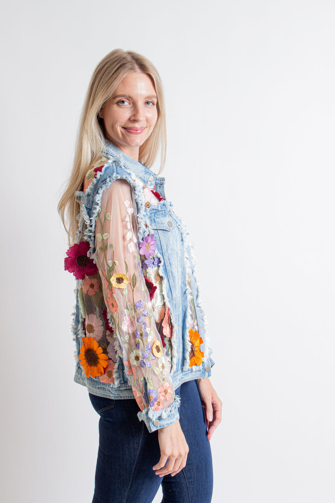 Floral Embroidered Mesh Denim Jacket – Cynthia Elliot Boutique