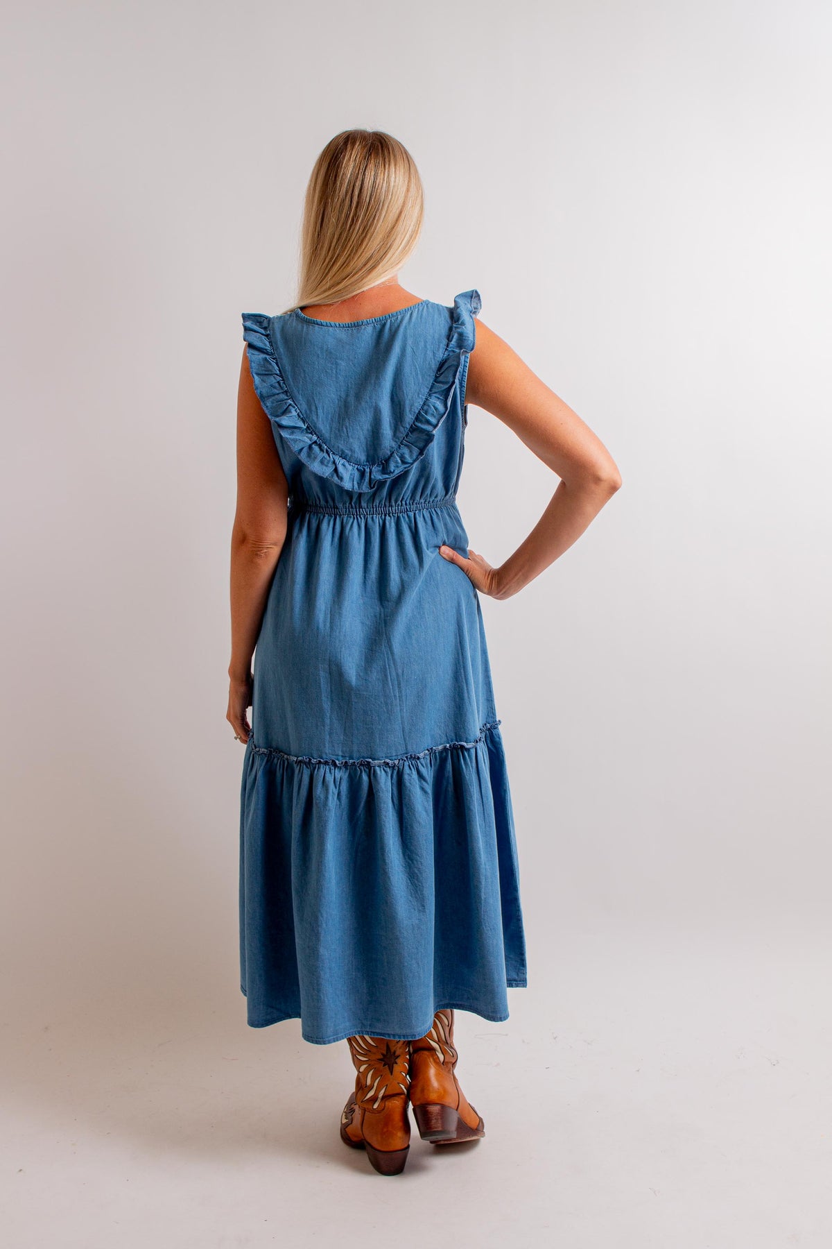 denim tiered midi dress Denim Tiered Midi Dress LD1075 Medium