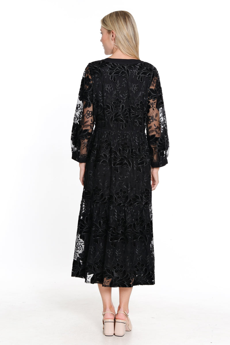 John Mark Lace Tiered Y-Neck Long Sleeve Midi Dress, Womens, S, Black