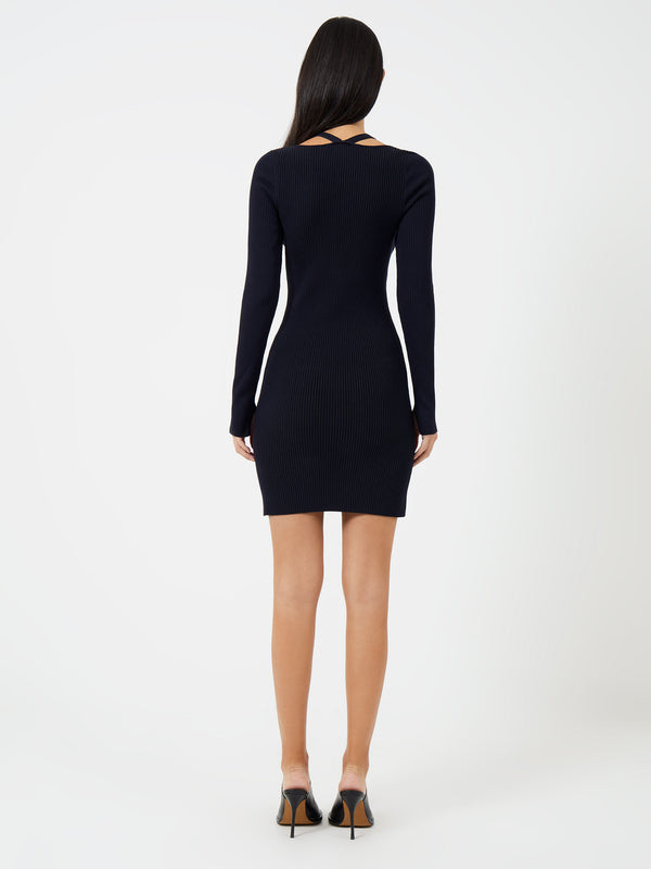 open lace back dress French Connection Joann Mari Long Sleeve Square Neck Rib Minidress in Utility Blue at Nordstrom, Size Small