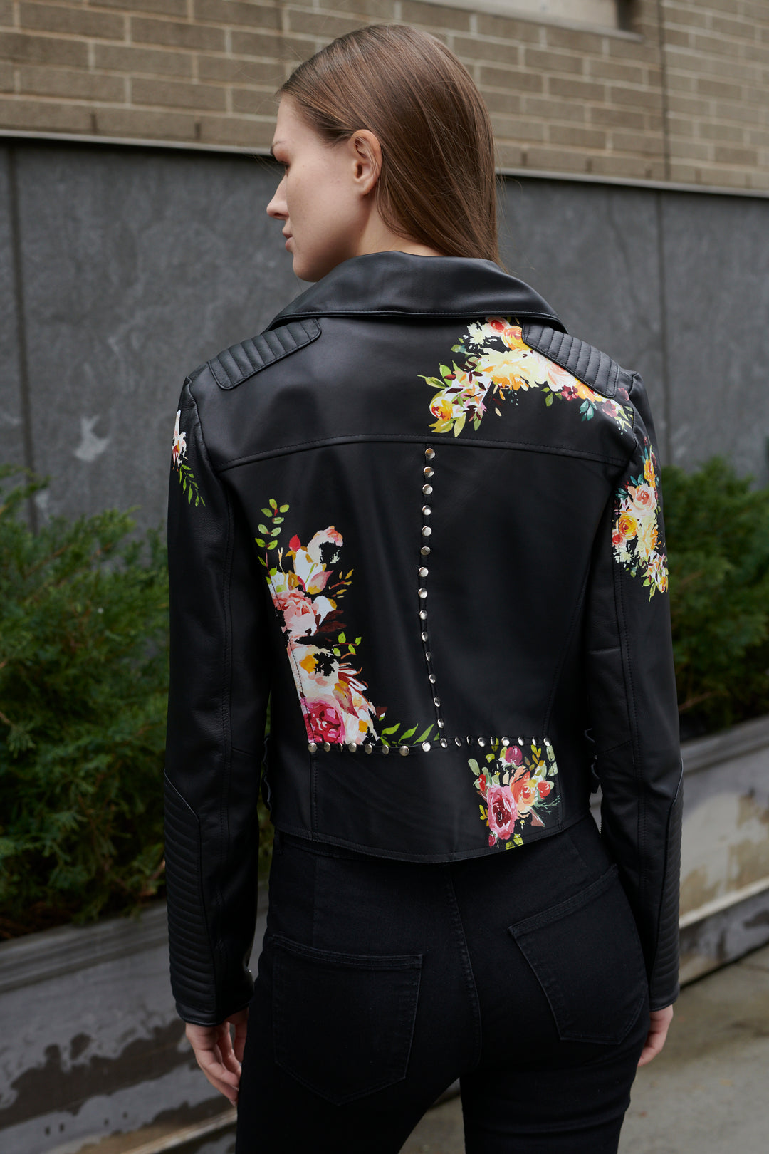 Floral black leather jacket shop